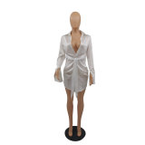 Temperament shiny lace-up shirt dress M6537