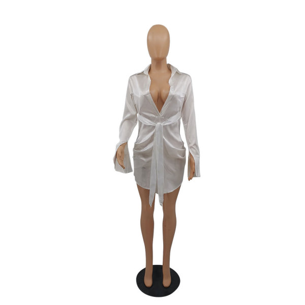 Temperament shiny lace-up shirt dress M6537