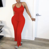 Solid color V-body wide-leg collar rompers M6560