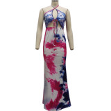 Fashion tie-dye printed halterneck dress SMR10286