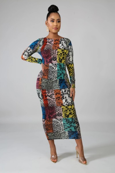 Fashionable Digital Printed Slim Women's One-piece Dress SMR10443 