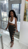 Sexy solid color skirt with knotted holes M6533