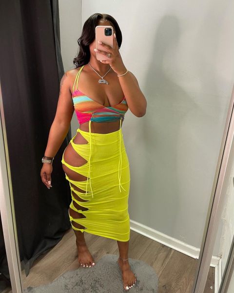 Sexy solid color skirt with knotted holes M6533