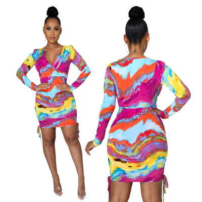 Sexy fashion tie-dye printed V-neck women's dress SMR10313