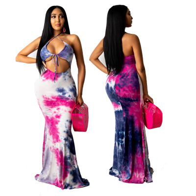 Fashion tie-dye printed halterneck dress SMR10286