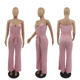 Solid color V-body wide-leg collar rompers M6560