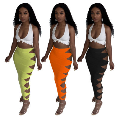Sexy solid color skirt with knotted holes M6533