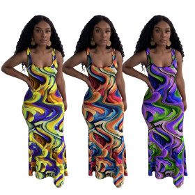 Printed wave pattern tank top dress M6536