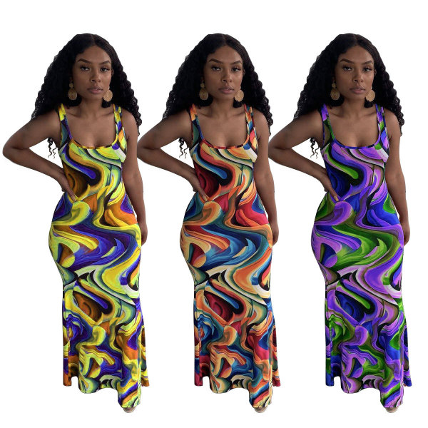 Printed wave pattern tank top dress M6536
