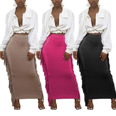 Long skirt with fringes on both sides M6538