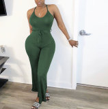 Solid color V-body wide-leg collar rompers M6560