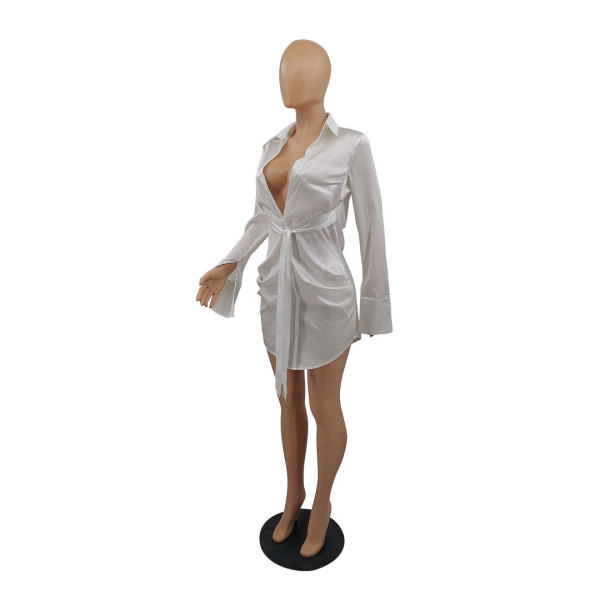 Temperament shiny lace-up shirt dress M6537