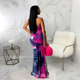 Fashion tie-dye printed halterneck dress SMR10286