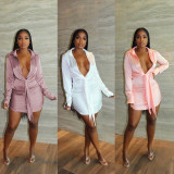 Temperament shiny lace-up shirt dress M6537