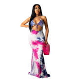 Fashion tie-dye printed halterneck dress SMR10286