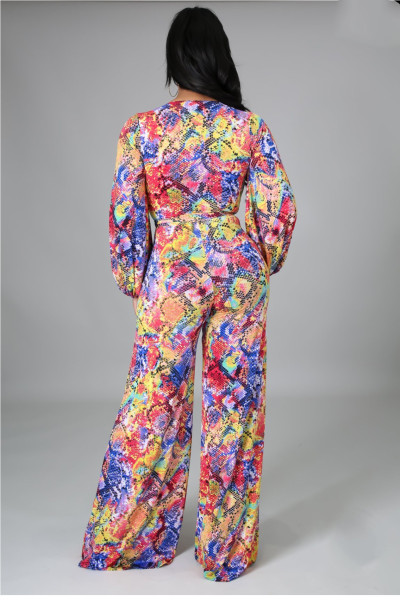 Fashion digital printing long-sleeved V-neck jumpsuit SMR10289