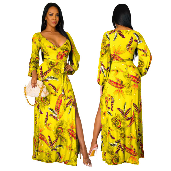 Fashion Digital Printed V-Neck Dress SMR10279