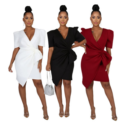 Sexy fashion solid color white collar women's V-neck dress SMR10190