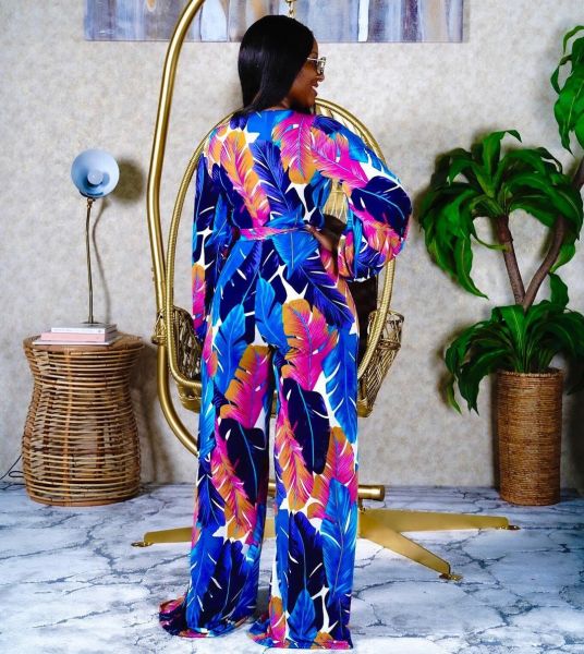 Fashion digital printing long-sleeved V-neck jumpsuit SMR10289