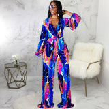 Fashion digital printing long-sleeved V-neck jumpsuit SMR10289