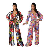 Fashion digital printing long-sleeved V-neck jumpsuit SMR10289