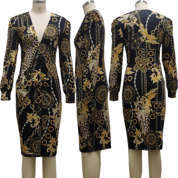 Sexy Fashion Digital Printed V-Neck Ladies Dress SMR10154