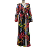 Fashion digital printing long-sleeved V-neck jumpsuit SMR10289