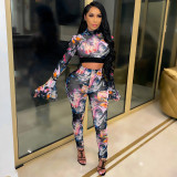 Fashion net yarn printing splicing suit two-piece suit SMR10141