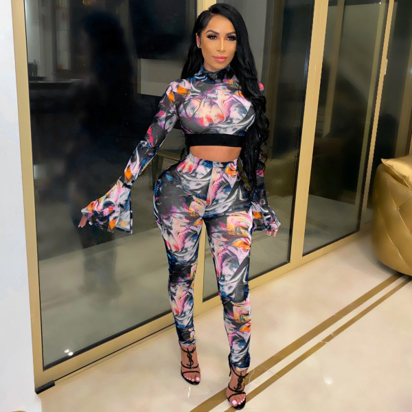 Fashion net yarn printing splicing suit two-piece suit SMR10141