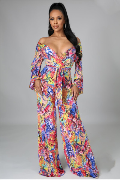 Fashion digital printing long-sleeved V-neck jumpsuit SMR10289