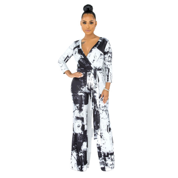 Sexy fashion digital printing long-sleeved V-neck jumpsuit SMR10160