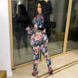Fashion net yarn printing splicing suit two-piece suit SMR10141
