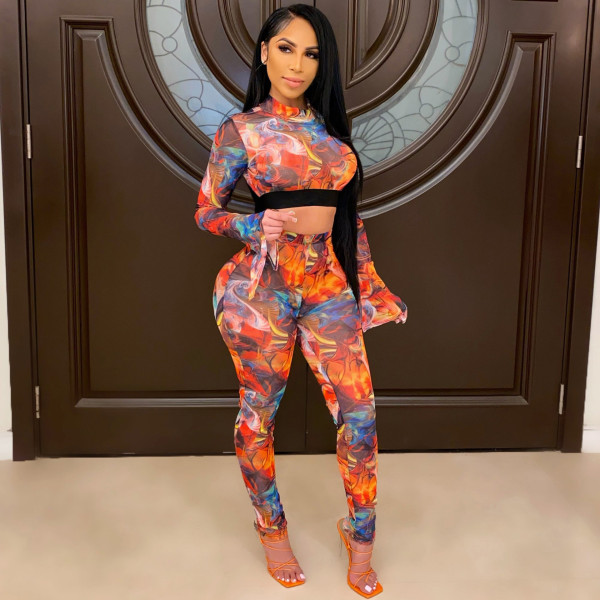 Fashion net yarn printing splicing suit two-piece suit SMR10141