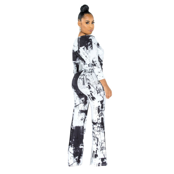Sexy fashion digital printing long-sleeved V-neck jumpsuit SMR10160