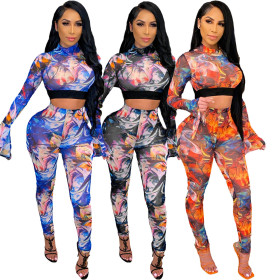Fashion net yarn printing splicing suit two-piece suit SMR10141
