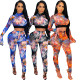 Fashion net yarn printing splicing suit two-piece suit SMR10141