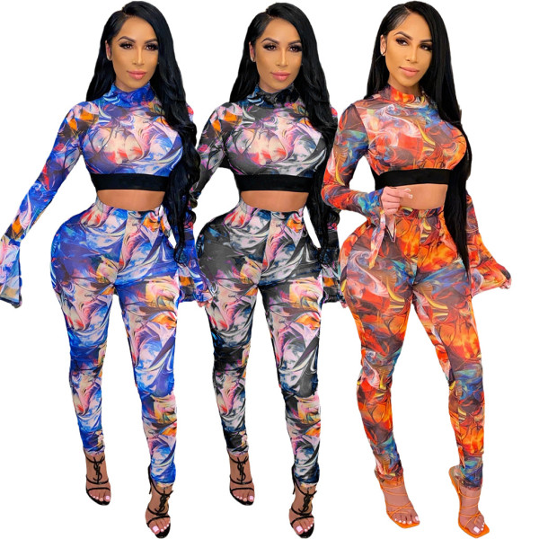 Fashion net yarn printing splicing suit two-piece suit SMR10141