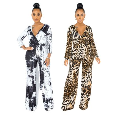 Sexy fashion digital printing long-sleeved V-neck jumpsuit SMR10160