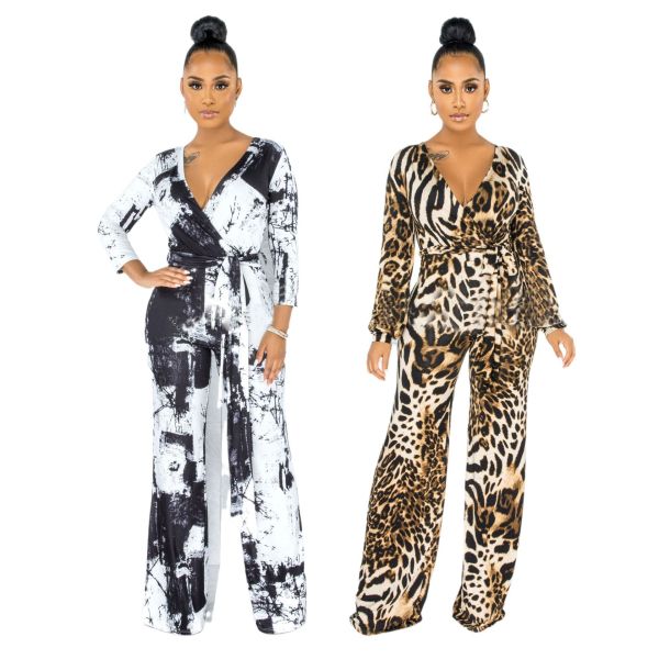 Sexy fashion digital printing long-sleeved V-neck jumpsuit SMR10160