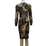 Sexy Fashion Digital Printed V-Neck Ladies Dress SMR10154