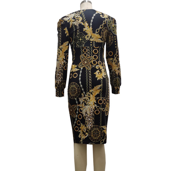 Sexy Fashion Digital Printed V-Neck Ladies Dress SMR10154