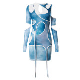 New tie-dye long-sleeved hollow stitching fringed irregular dress Q21DS203