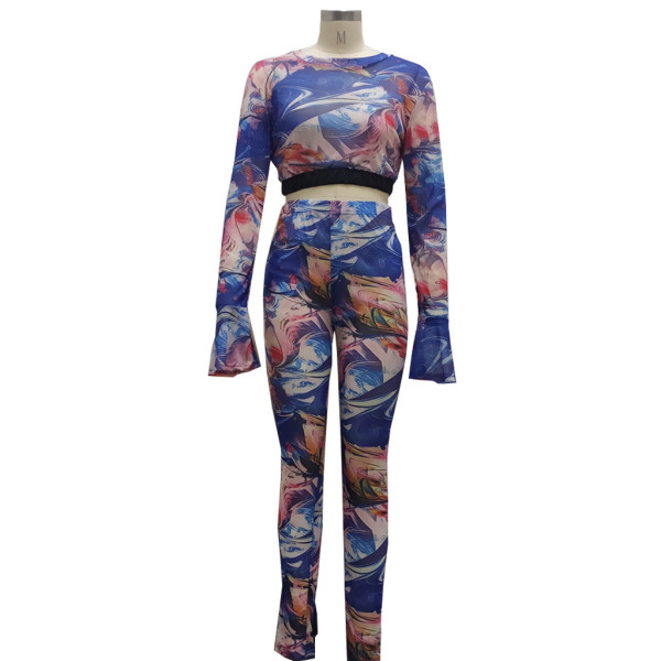 Fashion net yarn printing splicing suit two-piece suit SMR10141