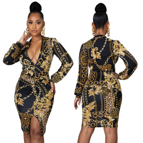 Sexy Fashion Digital Printed V-Neck Ladies Dress SMR10154