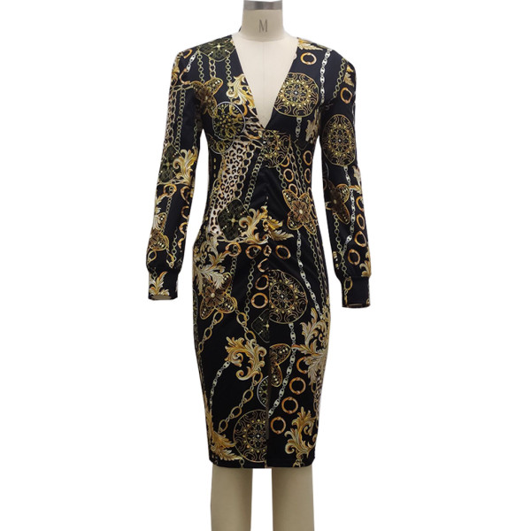 Sexy Fashion Digital Printed V-Neck Ladies Dress SMR10154
