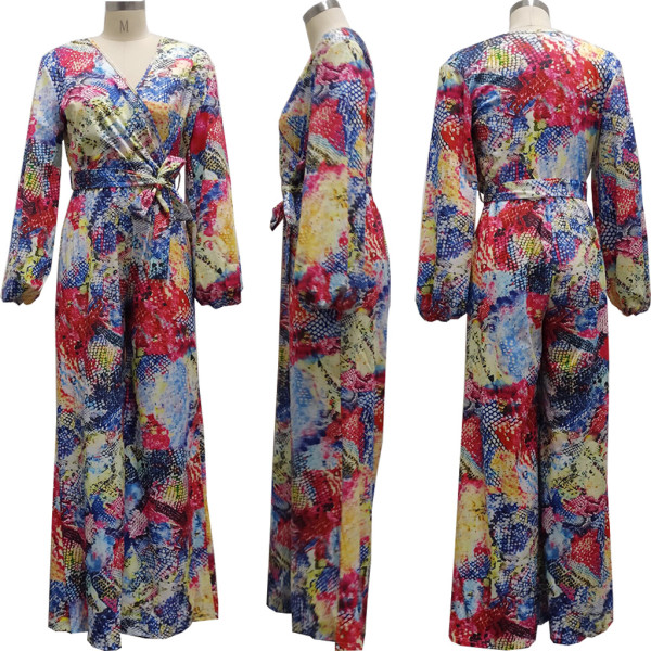 Fashion digital printing long-sleeved V-neck jumpsuit SMR10289