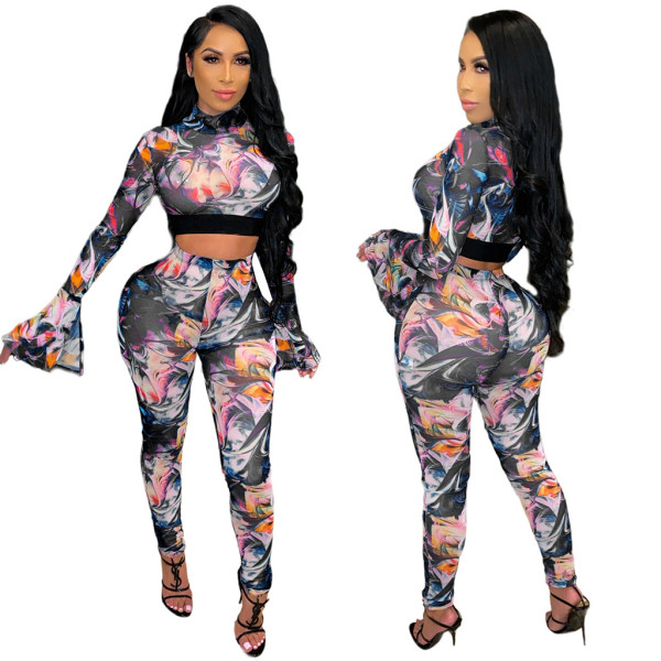 Fashion net yarn printing splicing suit two-piece suit SMR10141