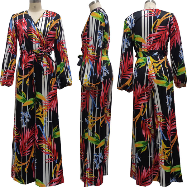 Fashion digital printing long-sleeved V-neck jumpsuit SMR10289