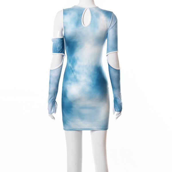 New tie-dye long-sleeved hollow stitching fringed irregular dress Q21DS203