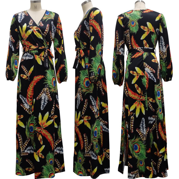Fashion Digital Printed V-Neck Dress SMR10279